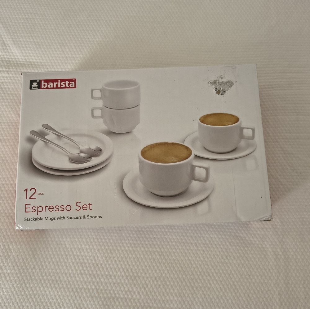 12 Pieces Espresso Set  with Saucers and Spoons, Stackable Espresso Coffee Cup.